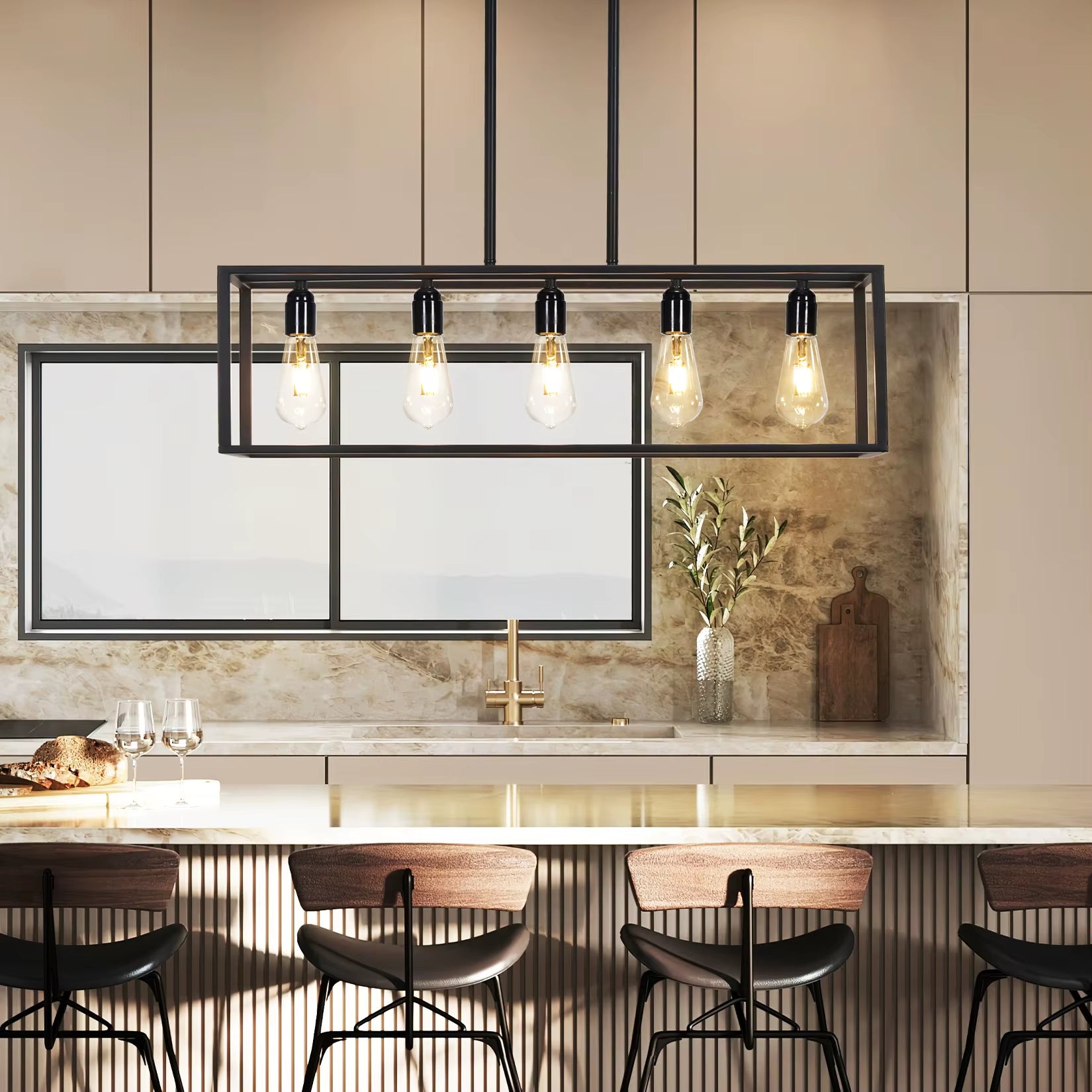 5-Light Farmhouse Chandelier, Rustic Ceiling Hanging Lamp, Industrial Pendant Lighting for Kitchen Island Dining Room Foyer