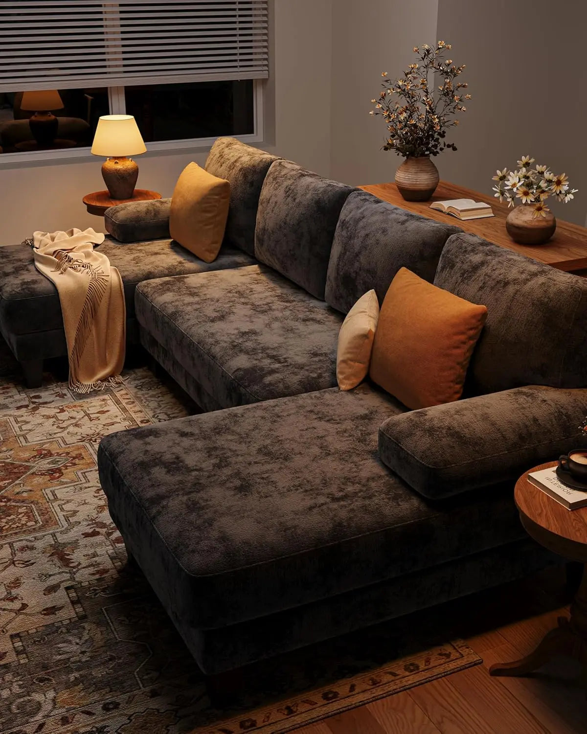 U-Shaped Sectional Couches for Living Room | Chenille Sofa with Double Chaise | 112 Inch Dark Grey Sectionals Couch, Customized