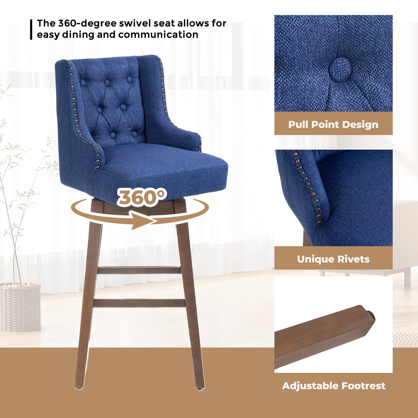 Bar Stools Set of 2 - Counter Height Chairs with Footrest for Kitchen.