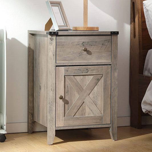 Barnwood Rustic Nightstand With X Shaped Barn Doors Grey