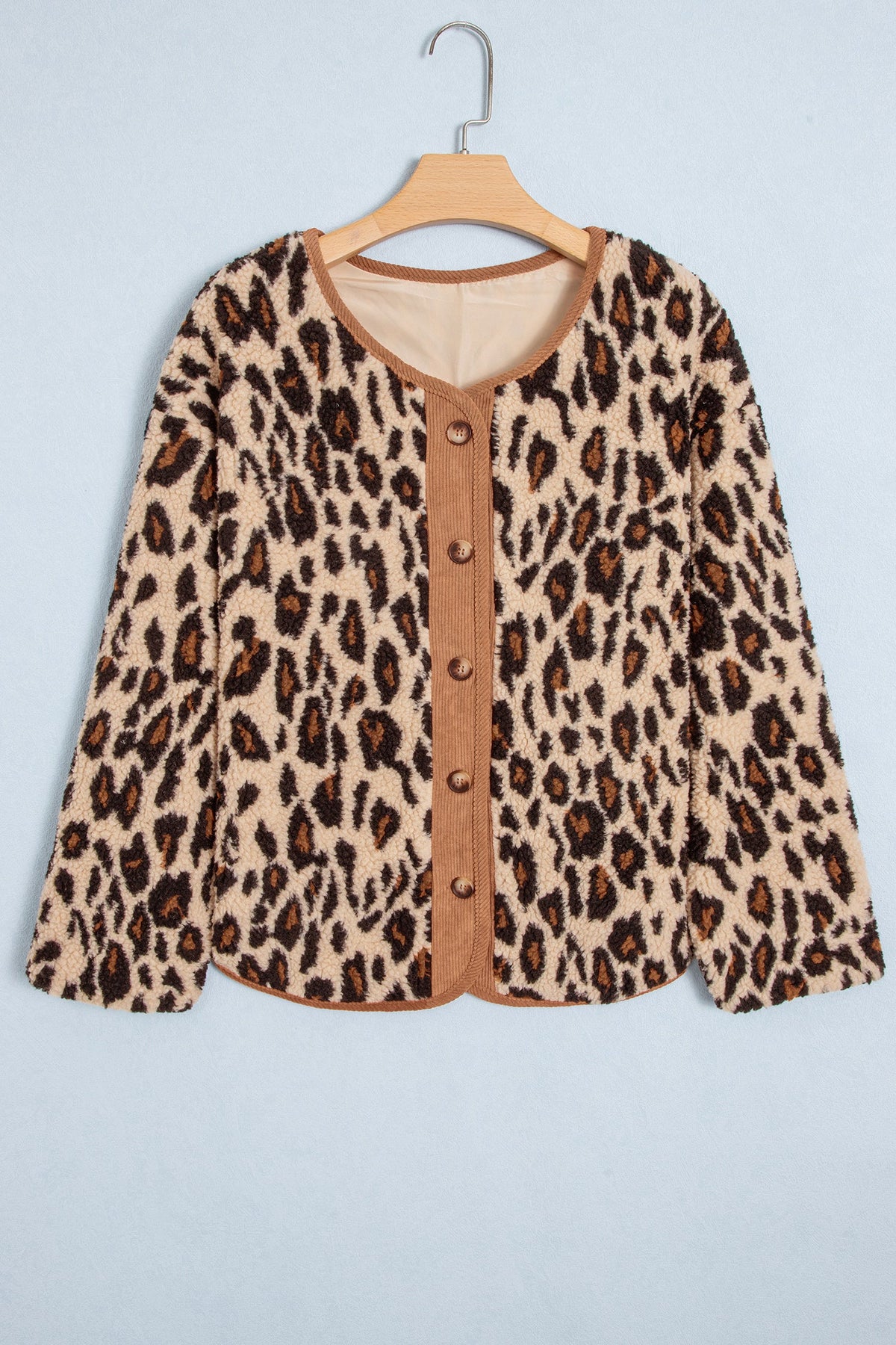 Leopard Fleece Corduroy Trim Buttoned Jacket