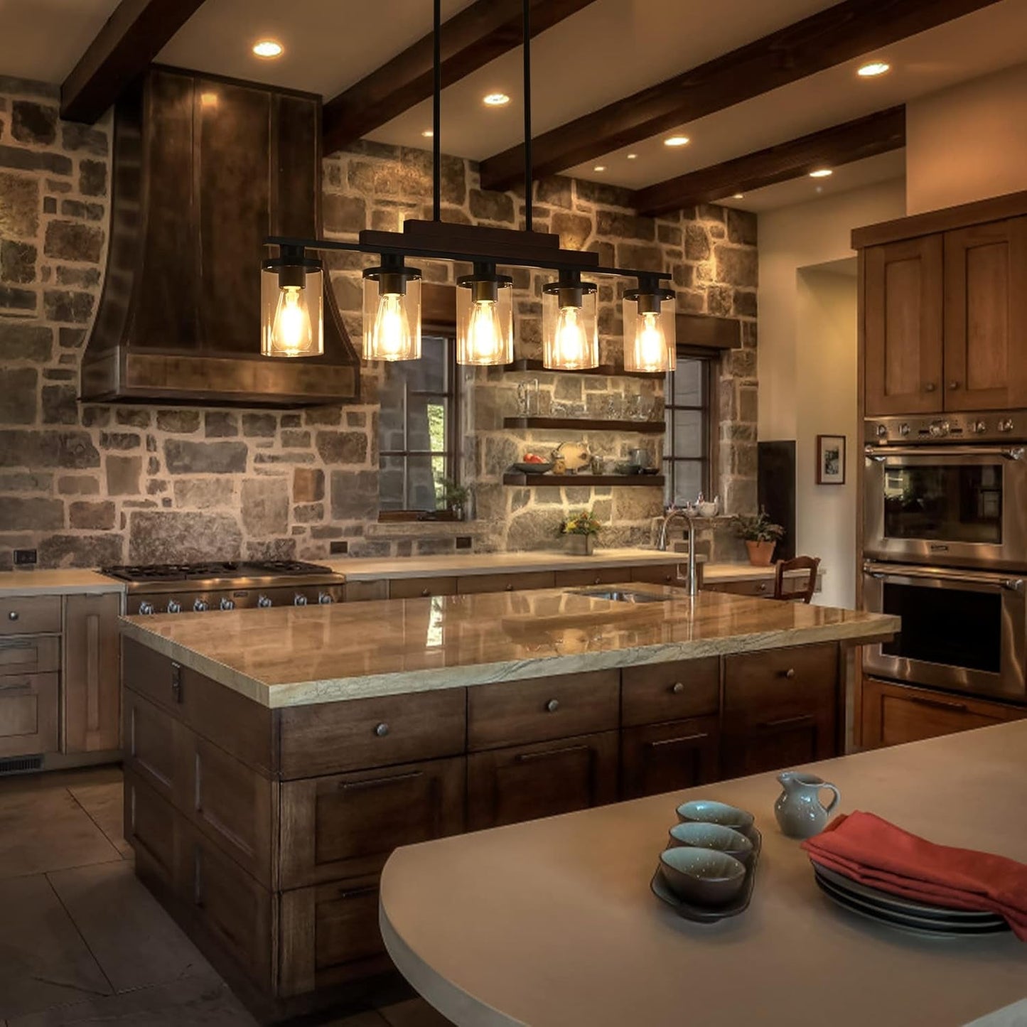 Five-Light Farmhouse Linear Chandelier With Rustic Wood