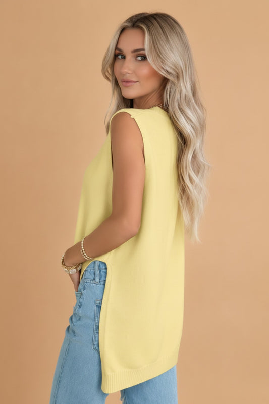 Solid Side Slit Sleeveless Sweater Top