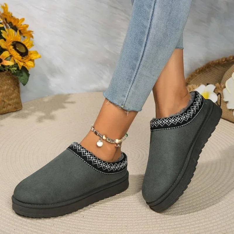 Women Warm Suede  Snow Boots Autumn Winter Woman Slip on Platform Boats Close Toe Hair Half Slipper Female Cotton Shoes