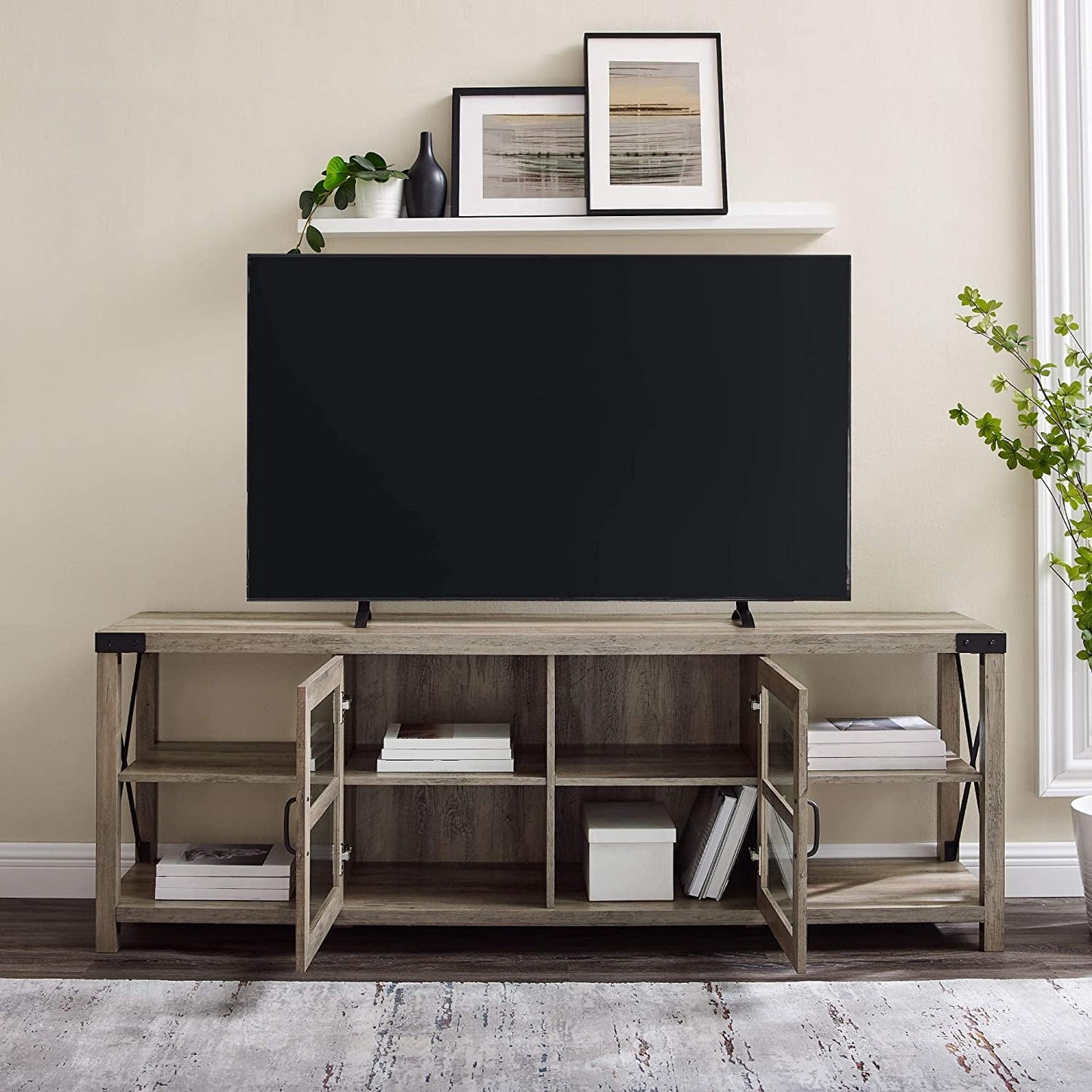 Rustic Modern 70 Inch TV Console With Open Shelves