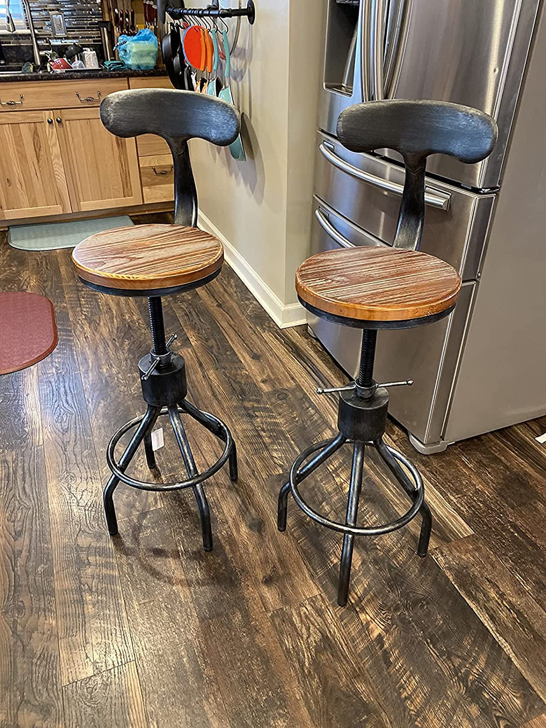 Adjustable Rustic Industrial Bar Stool - Brown Seat - Set of 2.