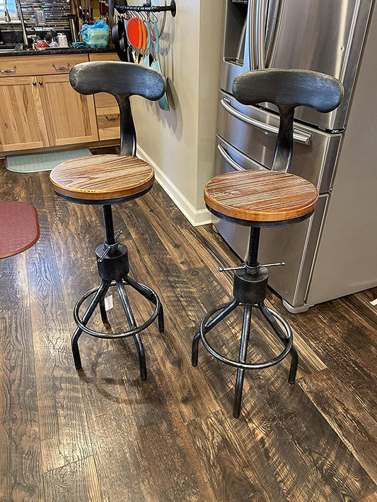 Adjustable Rustic Industrial Bar Stool - Brown Seat - Set of 2.