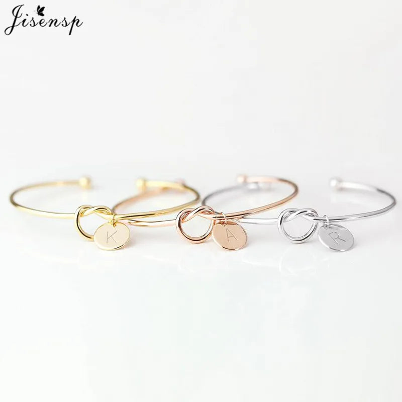 Jisensp Personalize A-Z Knot Initial Bracelets Bangles 26 Letter Open Armband Cuff Bangle for Women Bridesmaid Jewelry Pulseira