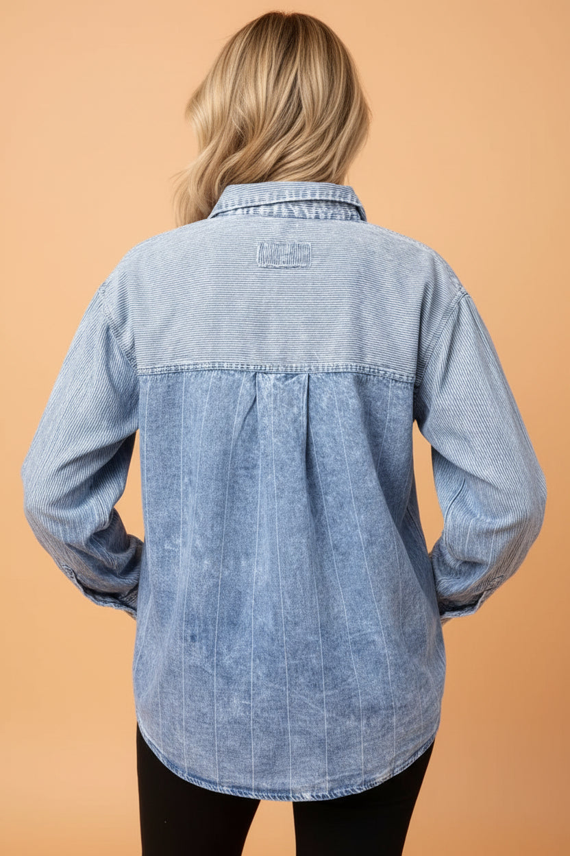 Stripe Patchwork Denim Long Sleeve Buttoned Shirt